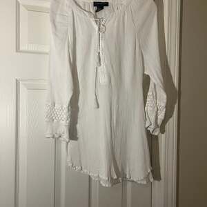 Lane Bryant White Crochet Lace Trim Gauze Peasant Tunic Top